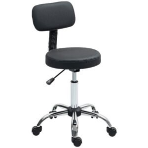 HOMCOM Taburet cu Roți, Rotativ 360°, Reglabil pe Înălțime, Piele Ecologică, Metal, 46x51x78-93 cm, Negru | Aosom Romania