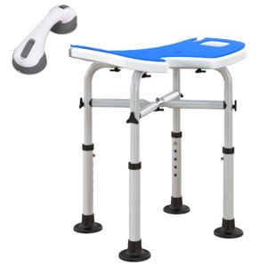 HOMCOM Taburet de Duș Reglabil pe Înălțime cu Mâner cu Ventuză și Picioare Antiderapante, 48,5x33x39-51,5 cm, Albastru | Aosom Romania