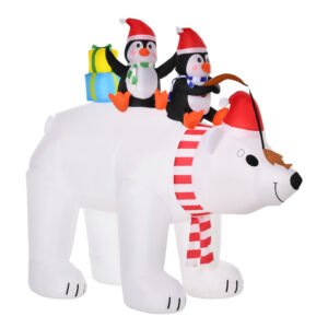 HOMCOM Urs polar gonflabil de Crăciun cu lumini LED 206cm Decorațiune gonflabilă de Crăciun impermeabilă cu 2 pinguini | Aosom Romania