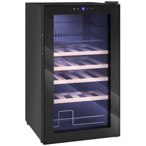 HOMCOM Vitrină Frigorifică pentru Vinuri de 63L cu Rafturi Reglabile pentru 16 Sticle și 25 Doze, Vitrină pentru Vinuri din Oțel, Lemn și Sticlă Temperată, 43x45x74 cm, Negru | Aosom Romania