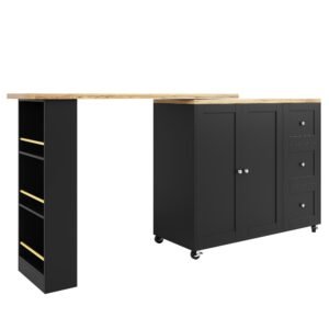 Insulă de bucătărie extensibilă, rotativă la 360°, cu 3 sertare, 2 uși și raft lateral pentru gustări, 135-203x39x106 cm, Negru