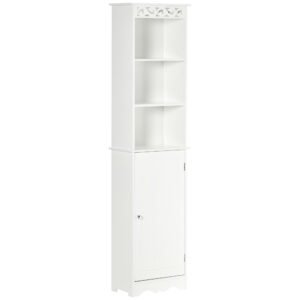 Mobila Coloana HOMCOM pentru Baie, Lemn cu Decor Sculptura Floare Alba 40x23x160cm | Aosom Romania