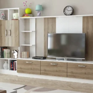 Mobila living cu spatii depozitare alb-nuc Loud Homs 2.40 m