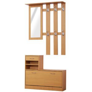 Mobilier Garderoba HOMCOM Dulap Pantofi Reglabil cu Oglinda si Cuier 6 carlige pentru Hol si Dormitor 90x22x116cm Lemn | Aosom Romania