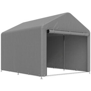 Outsunny 2x2.4 m Cort pentru Depozitare în Grădină, Cort Garaj cu Acoperire Impermeabilă, Ușă Rulabilă cu Fermoar, pentru Biciclete și Unelte, Metal Zincat, Gri Deschis | Aosom Romania