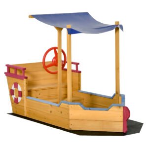 Outsunny Bac cu Nisip în Formă de Barcă de Pirați din Lemn, Pânză de Umbrire, Cufăr de Depozitare, timon, Lemn de Brad pre-uleiat | Aosom Romania