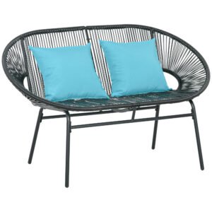 Outsunny Bancă de grădină cu 2 locuri din metal și sfoară din rășină cu 2 perne - dim. 132L x 72l x 83Î cm - negru | Aosom Romania