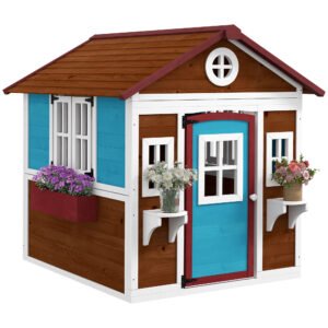 Outsunny Casuta de Joaca din Lemn pentru Copii pentru Exterior si Interior, Casa Wendy din Lemn cu Usi, Ferestre, Ghivece, Maro Inchis