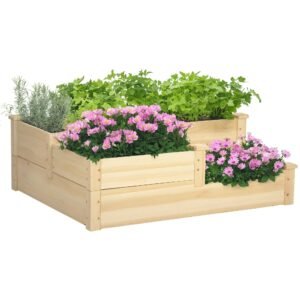Outsunny Cavou legumicol din lemn, ghiveci de grădină în trepte, 3 niveluri, design fără fund, 108 x 88 x 36 cm, lemn natural | Aosom Romania
