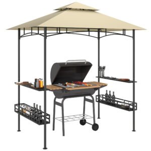 Outsunny Cort de Grătar, Cort de BBQ, Foisor de Grădină cu 2 Rafturi, Coșuri de Depozitare, Carlige, pentru Terasă, Bej | Aosom Romania