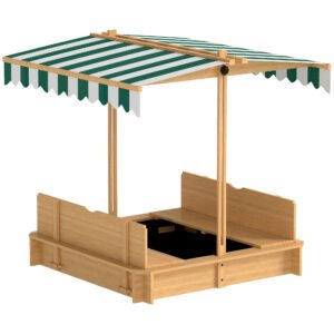 Outsunny Cutie de nisip 106x106 cm pentru copii, din lemn, cu acoperiș reglabil, bănci și spătare Maro deschis | Aosom Romania