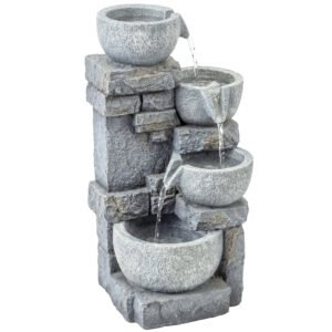 Outsunny Fântână de grădină Cascadă 4 niveluri Decorațiune efect piatră și cărămidă cu iluminare LED 28 x 25 x 54,5 cm Gri | Aosom Romania
