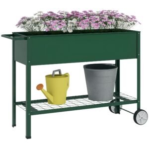 Outsunny Jardinieră Exterioară cu Raft Inferior pentru Unelte, Jardinieră Metalică cu 2 Roți și Mâner, 104x39x80 cm, Verde | Aosom Romania