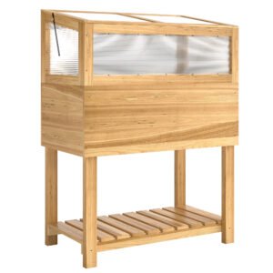 Outsunny Jardinieră înaltă cu seră din lemn, ladă de plantare ridicată cu capac rabatabil, raft, material nețesut, ergonomic | Aosom Romania