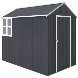 Outsunny Magazie de Grădină din Oțel Galvanizat și PP cu 4 Guri de Aerisire și Fereastră, 259x171x222 cm, Gri și Alb | Aosom Romania