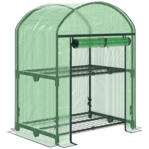Outsunny Mini Seră de Grădină cu 2 Rafturi Metalice și Acoperiș PE, Seră Compactă pentru Balcon și Terasă, 69x49x91 cm, Verde | Aosom Romania