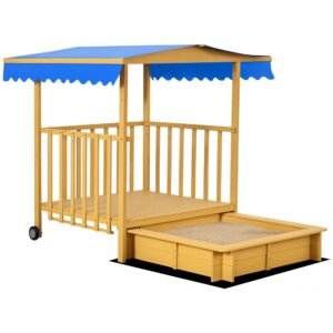 Outsunny Nisipar Nisipar cu Casa de Joaca Nisipar cu Acoperis, 133 x 129 x 137, 5 cm, Lemn + Albastru | Aosom Romania