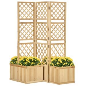 Outsunny Paravan pentru Grădină, triplu pliabil, 4 ghivece de flori, lemn masiv, culoare naturală, 133 x 62 x 165 cm | Aosom Romania