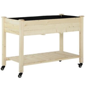 Outsunny Pat Grădină Legume Înălțat Lemn cu Roți, Jardiniera Înălțată cu Raft Inferior, 118x55x83cm, Natural | Aosom Romania