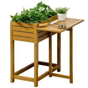 Outsunny Pat de legume cu masa de lucru pliabila, lemn masiv lacuit, captuseala interioara din material netesut, 64cm x 63cm x 74.5cm | Aosom Romania