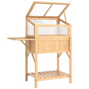 Outsunny Pat înălțat cu capotă pentru mini-seră din lemn jardinieră cu seră pliabilă masă laterală raft lemn natural | Aosom Romania