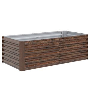Outsunny Pat pentru Grădină Ridicat cu Fund Deschis și Bare de Suport, Ghiveci din Oțel Zincat pentru Flori și Legume, pentru Balcon sau Grădină, 180x90x57,5 cm, Maro Închis | Aosom Romania