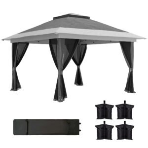 Outsunny Pavilion Pliabil cu Pereți din Plasă, Înălțime Reglabilă și Protecție UV, 356x356x280 cm, Gri | Aosom Romania