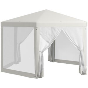 Outsunny Pavilion de Grădină Hexagonal cu Pereți din Plasă, 2 Uși și Picioare Reglabile, 3,94x3,94x2,5 m, Alb Crem | Aosom Romania