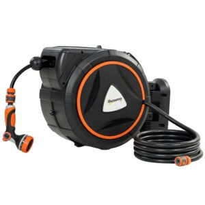 Outsunny Rolea retractabilă pentru furtun 23+2 m cu 12 moduri de stropire, blocare automată, retragere controlată, suport portocaliu | Aosom Romania
