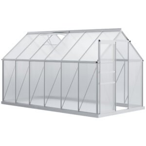 Outsunny Seră de Grădină din Policarbonat 7,1 m² dim. 1,9L x 3,75l x 1,99 m cu Fundație, Fereastră de Ventilație Reglabilă, Ușă Glisantă - Argintiu și Transparent | Aosom Romania