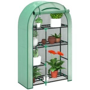 Outsunny Seră pentru Grădină cu 4 Niveluri, Ușă Batantă și 14 Catarame din Plastic, 100x45x160 cm, Verde | Aosom Romania