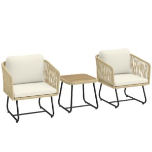 Outsunny Set bistro din ratan 3 piese FSC set mobilier de grădină cu 2 fotolii, masă din lemn cu lamele, perne groase lavabile, cadru din oțel | Aosom Romania