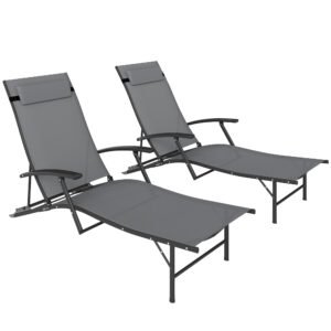 Outsunny Set de 2 Șezlonguri Pliante, Ajustabile în 4 Poziții cu Cotiere și Perne, 64x154x87 cm, Gri | Aosom Romania