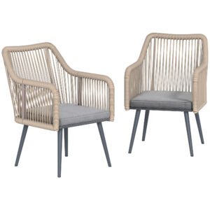Outsunny Set de 2 scaune de grădină pentru exterior din ratan cu perne, cotiere și cadru din oțel pentru terasă 54x65x80 cm gri | Aosom Romania