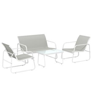 Outsunny Set de grădină exterior de 4 piese cu canapea de 2 locuri, 2 fotolii, masă cu sticlă securizată, textilene gri deschis | Aosom Romania