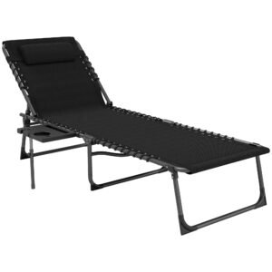 Outsunny Șezlong Pliant cu Spătar Reglabil Tetieră Buzunar Lateral Tavă și Structură din Oțel 190x60x31 cm Negru | Aosom Romania