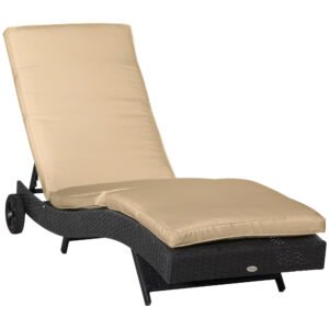 Outsunny Șezlong de Grădină din Ratan PE Negru cu Spătar Reglabil și Pernă Captușită pentru Relaxare Optimală 207x70x70cm | Aosom Romania