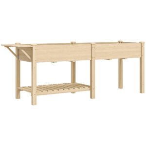 Outsunny Strat Înălțat de Grădină cu Masă Laterală, Raft Inferior și  Orificii de Drenaj, 207x59x78 cm, Lemn Natural | Aosom Romania