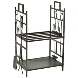 Outsunny Suport Lemne de Foc din Fier Forjat cu Instrumente pentru Semineu si Manere, Baza Suport Lemne Inaltata si Decorata, 51.5x33x77cm - Negru