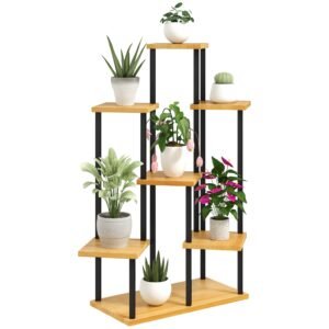 Outsunny Suport pentru plante cu 7 niveluri pentru interior și exterior, stand plante din oțel și lemn, lemn natural | Aosom Romania