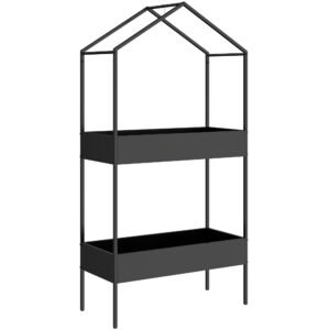 Outsunny Suport plante 2 niveluri în formă de casă, înalt 150 cm, suport flori cu cârlig, metal, Negru | Aosom Romania