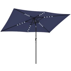 Outsunny Umbrelă de grădină cu 24 de lumini LED solare Copertină înclinabilă Stâlp metalic 2,9x2,5 m albastru închis | Aosom Romania