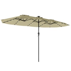 Outsunny Umbrelă dublă de grădină 4x2 m cu 36 de lumini LED UPF50+ Manivelă 12 tije Rezistentă la apă Bej | Aosom Romania