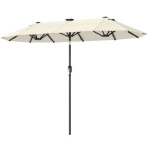 Outsunny Umbrelă dublă, umbrelă terasă, înclinabilă, cu panou solar, 35 LED-uri, cadru din oțel, bej, 2,92 x 1,50 x 2,18 m | Aosom Romania