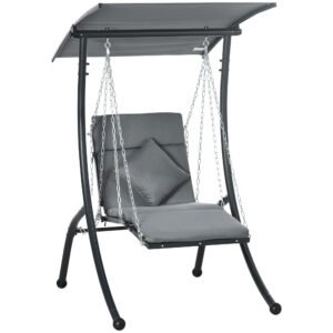 Outsunny leagăn suspendat, acoperiș rabatabil, incl. pernă de șezut, pernă pentru cap, cadru din oțel, gri închis, 108 x 145 x 169 cm | Aosom Romania
