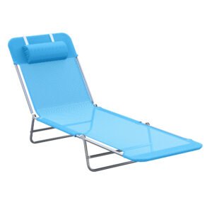 Outsunny sezlong pliabil cu spatar reglabil si perna, sezlong de gradina, plaja si camping, albastru | Aosom Romania