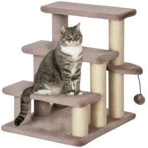 PawHut Arbore pentru zgârieturi, scara pentru animale de companie, 3 trepte, minge de joc, până la 5 kg, 45x40x48cm, Maro | Aosom Romania