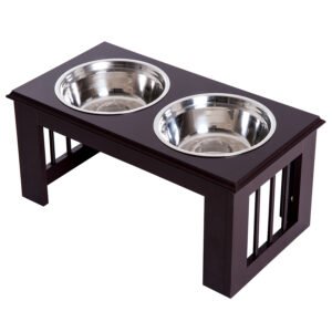 PawHut Bol Dublu Inaltat pentru Caini din Otel Inox si MDF 58.4x 30.5x 25.4cm | Aosom Romania