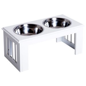 PawHut Boluri Ridicate pentru Câini, Suport pentru Boluri cu 2 Boluri din Oțel pentru Mâncare și Apă, 58,4x30,5x25,4 cm, Alb | Aosom Romania