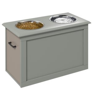 PawHut Boluri ridicate pentru câini bol dublu câine pisică Suport pentru boluri ridicat dim. 60L x 30W x 41H cm 2 boluri 2L mânere compartiment lemn gri | Aosom Romania